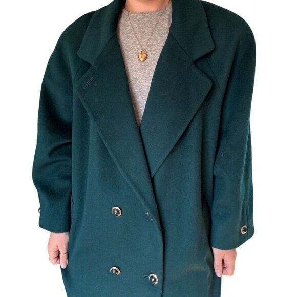 Vintage Ann Milstein Emerald Green Wool Exaggerated Shoulders Trench Coat Sz XL - Picture 9 of 12